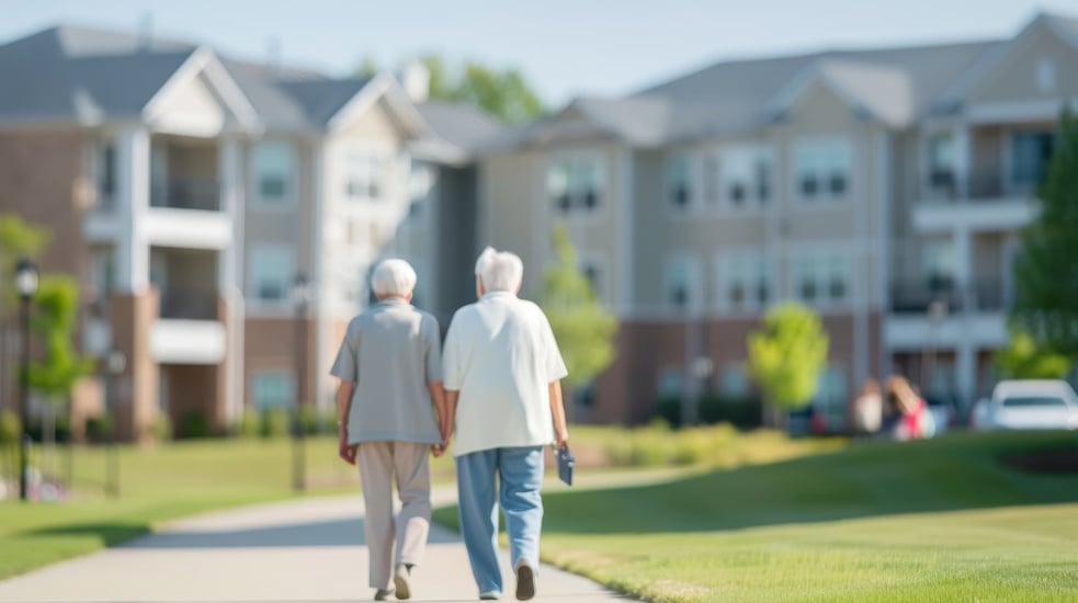 Senior couple walks at an independent living community