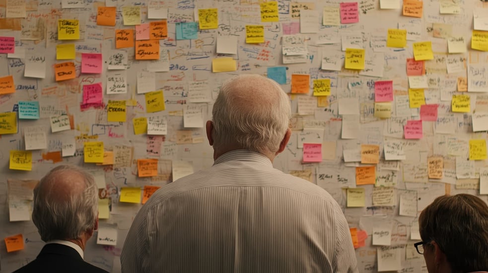 Photo of coworkers with sticky notes on a wall during a card sorting exercise